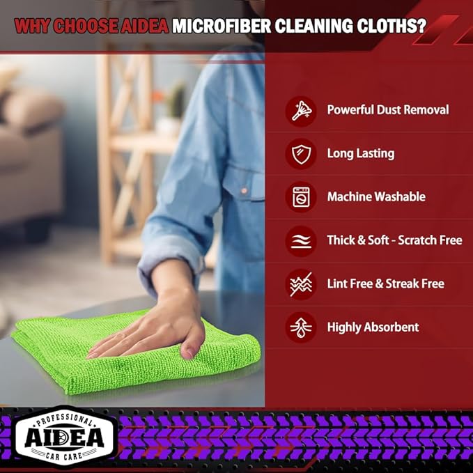 AIDEA Microfiber Cleaning Cloth, 10PK, Microfiber Towels for Cars, Premium All Purpose Car Cloths, Dusting Cloth Cleaning Rags, Absorbent Towels for SUVs, House, Kitchen, Window, 12"×12", Green