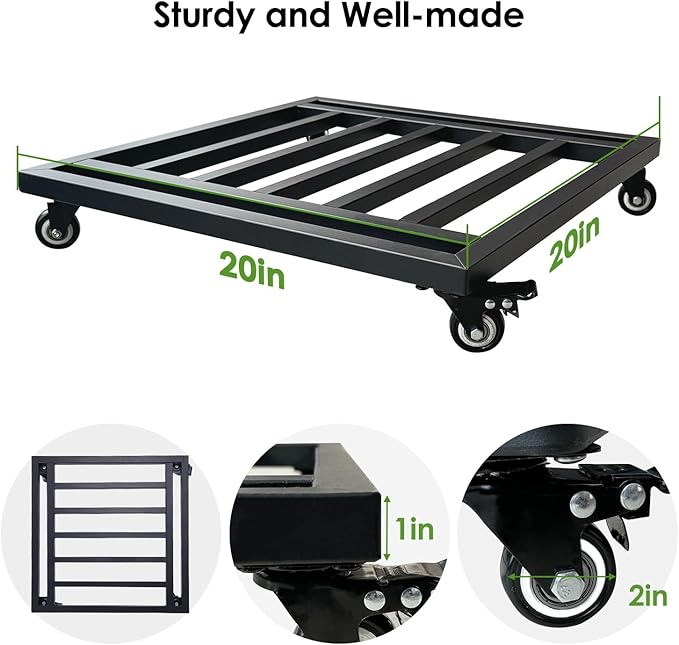 Hongsane 20" Square Plant Caddy with Wheels Heavy Duty,Large Metal Plant Caddy Indoor Outdoor Use,Rolling Plant Dolly with Industrial Casters,Black Plant Tray for Large Planters Pots,2-Pack