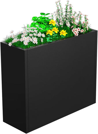 NUWJBYE Tall Metal Planter Box, 30" L x 10" W x 24" H Large Outdoor Planters with Drainage & Adjustable Shelf, Heavy Duty Steel Rectangular Planter for Patio, Balcony, Indoor(Black)