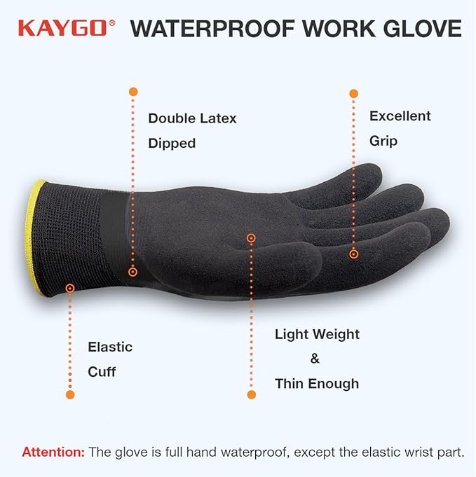 KAYGO Waterproof Work Gloves for Men and Women, Rubber Coated Non-slip Working Gloves for Garden, Outdoor Construction,3 pairs,Black,L