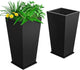 POOAMY Metal Planter 2 Pack, 15L x 15W x 30H, Heavy Duty Tall Planters for Outdoor Plants, Black Planters with Removable Insert Shelf, Large Planters with Drainage Holes for Porch, Patio, Black
