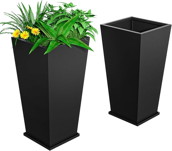 NUWJBYE Tall Metal Planter Box, 15" L x 15" W x 30" H 2-Pack Outdoor Planters with Removable Tray, Heavy Duty Steel Front Porch Planters for Patio, Balcony, Indoor(Black)