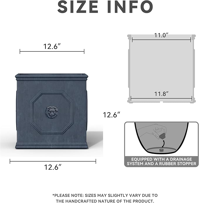 Kante Square Lion Head Concrete Planter, Classic English Style Plant Pot with Drainage Hole and Rubber Plug for Indoor Outdoor Garden Patio Home, 12.6"x12.6"x12.6" Gravel Gray