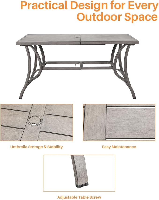 Patio Dining Table for 6, All Weather Outdoor Dining Table with Umbrella Hole, 59.8" x 35.8" Rectangle Patio Table, 6 Person Aluminum Outdoor Patio Table for Deck, Garden Poolside, Limed Oak