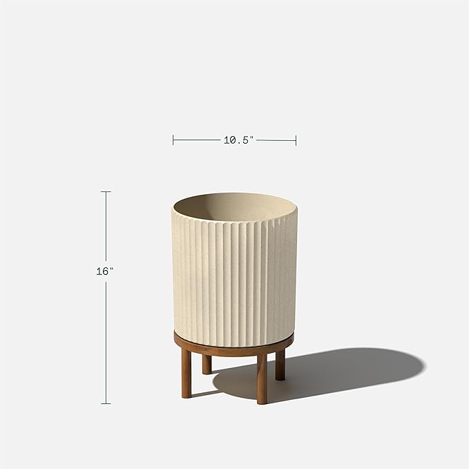 Veradek Demi Series Round Planter w/ Stand for Porch/Patio | Durable Plastic-Concrete & Wooden Stand | Modern Décor for Tall Plants, Flowers