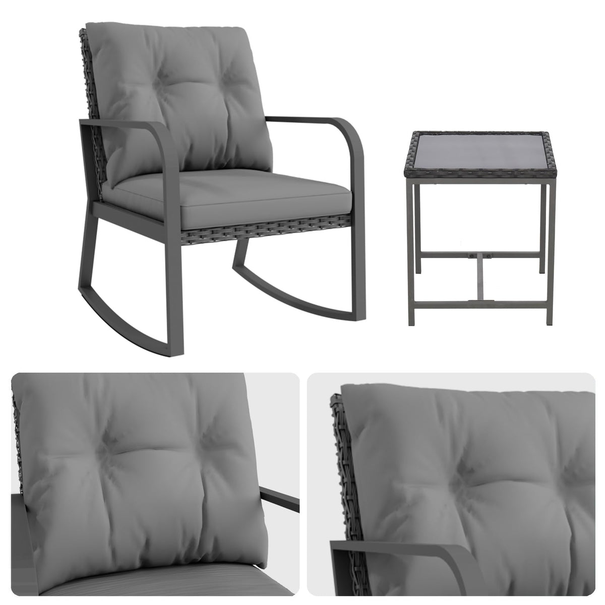 Temminkii Bistro 3 Piece Patio Furniture Set, Patio Table and Rattan Outdoor Rocking Chairs Set of 2, Outdoor Bistro Conversation Set for Garden, Balcony, Poolside, Backyard, Grey