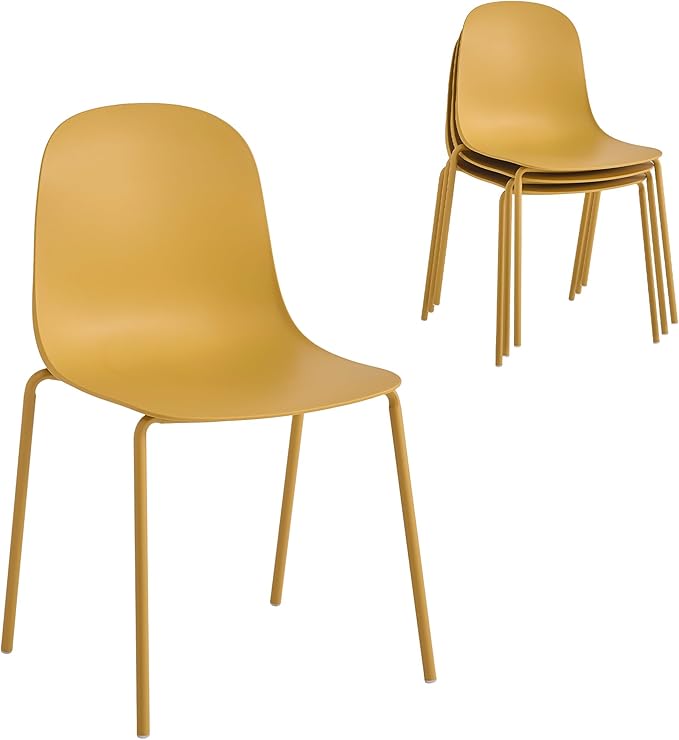 Plastic Stackable Dining Chairs Set of 4, Modern Outdoor Patio Chairs with Metal Legs for Patio Cafes, Restaurants and Office Waiting Room (Mustard Yellow)