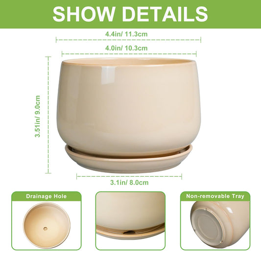G EPGardening 4 inch Plant Pots - Ceramic Planter with Drainage Hole & Saucer, Small Plant Pots for Indoor Outdoor, Round Succulent Pot, Modern Decorative Flower Pot, Desk Decor, Garden Gifts, Beige