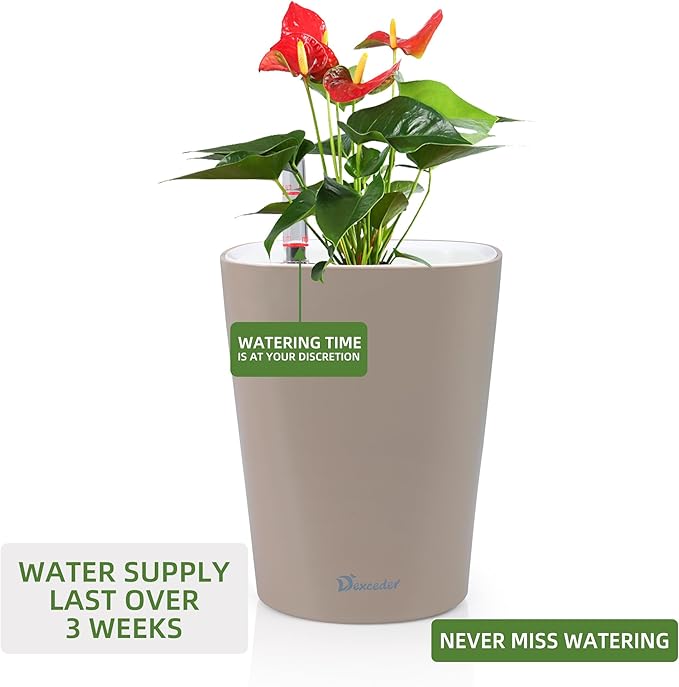 Dexceder 6x7 Self Watering Planter Indoor Outdoor, High Gloss Table Flower Plant Pot with Water Level Indicator (Taupe)