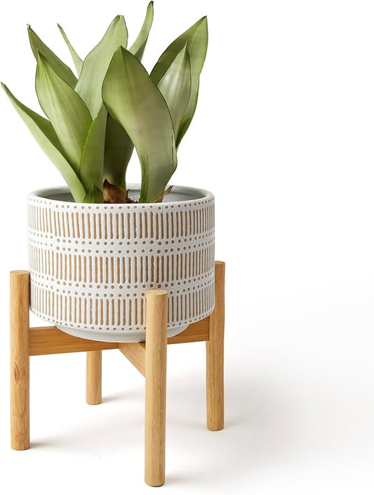 LA JOLIE MUSE Ceramic Plant Pot with Wood Stand - 9.4 Inch Modern Round Decorative Flower Pot Indoor with Wood Planter Holder, Beige & White