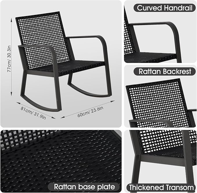 Temminkii Bistro 3 Piece Patio Furniture Set, Patio Table and Rattan Outdoor Rocking Chairs Set of 2, Outdoor Bistro Conversation Set for Garden, Balcony, Poolside, Backyard, Grey