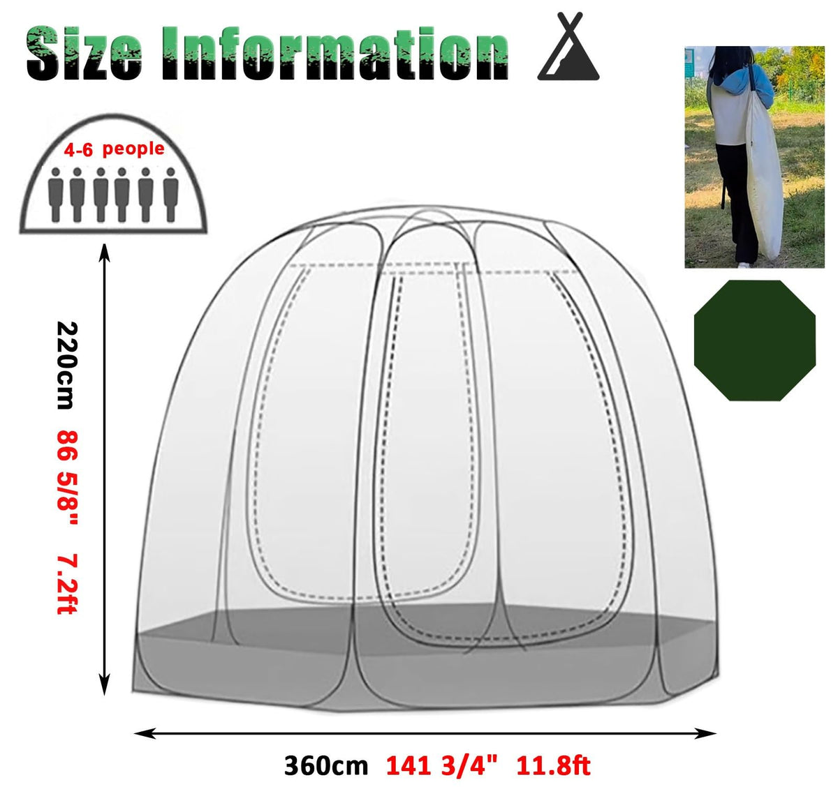 Oracra Bubble Tent Camping Bubble Tent Screen Houses - 360x360x220cm, Freestanding Garden Igloo Canopy Shelters Pop-up, All Weather Greenhouse Screen Tents for Party