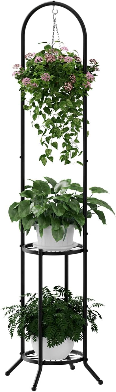 PULIJIAJU 2-tier Hanging Plant Stand Indoor and Outdoor, Space-Saving Iron Plant Shelf, 3 Potted Flower Pot Stand ,Planter Holder for Bedroom Balcony Living Room Patio Garden( n-style)