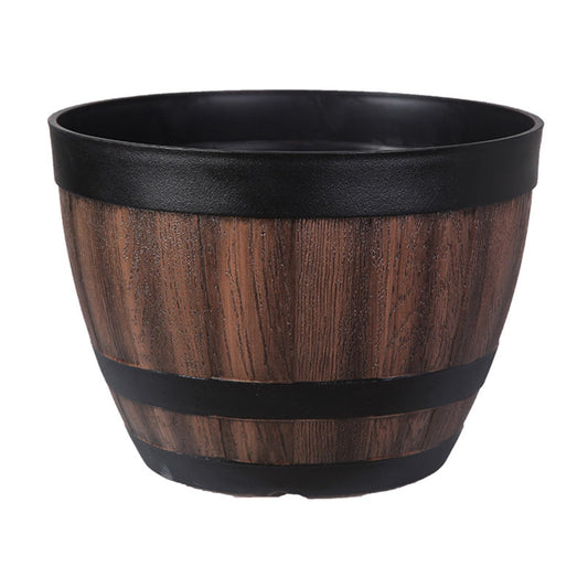 cdar Whiskey Barrel Plant Pots,Upgrade Wood Finish Flower Pots,Plastic Wine Barrel Design Planters with Saucer and Drainage,for Outdoor Indoor Plants & Garden,Brown 1