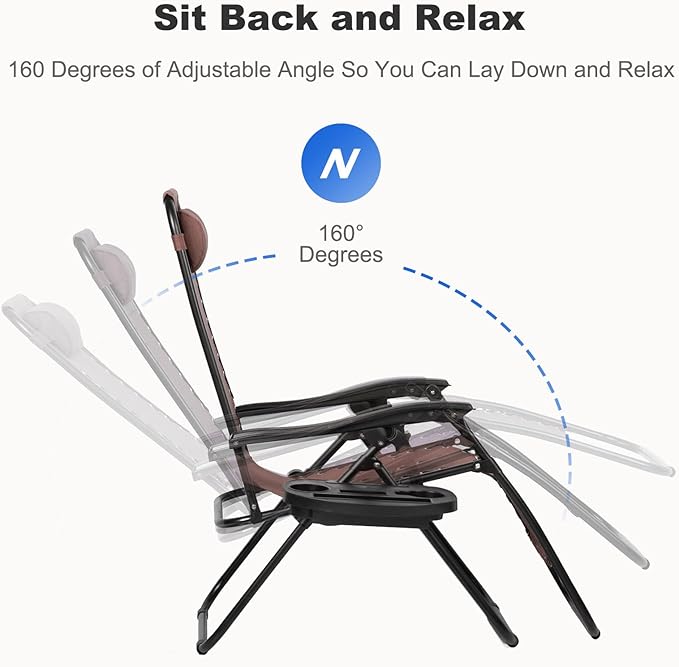 Nazhura Set of 2 Relaxing Recliners Patio Chairs Adjustable Steel Mesh Zero Gravity Lounge Chair Beach Chairs with Pillow and Cup Holder Khaki (Brown)