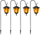 Dynaming 4 Pack Solar Flame Hanging Lights Outdoor, Halloween Solar Flickering Flame LED Garden Lanterns with 4 x 38 Inch Shepherd Hooks, Christmas Lighting for Lawn Patio Yard Pathway Driveway