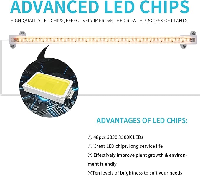 LED Grow Light Strips for Indoor Plants Full Spectrum 3500K, 96 LEDs Plant Light Bar with 3/9/12H Timer, 10 Dimmable Levels for Seedling Succulent and Shelf, 13 Inches, 1 Head 2 Pack