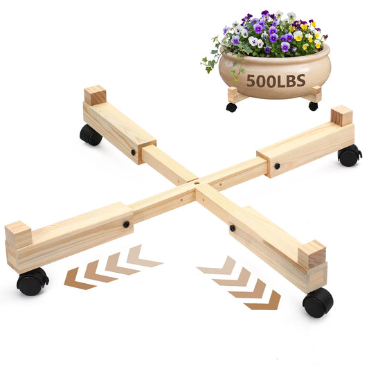Novabright Adjustable Plant Stand with Wheels 21-30 Inch Heavy Duty Rolling Plant Dolly Wooden Caddy with 4 Lockable Caster Wheels for Outdoor Indoor Large Pots Planter
