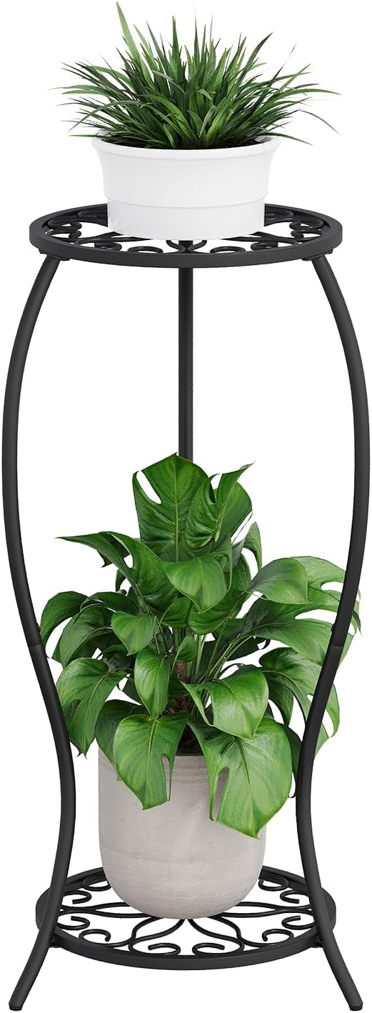 Plant Stand Indoor Outdoor, 2 Tier Metal Potted Holder Stand, Flower Pot Stand, Heavy Duty Plant Supports Rack, Corner Plant Shelf Rustproof for Planter Garden Balcony Patio Living Room (Black, 2 Tier)