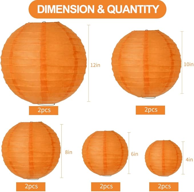 BEISHIDA Orange Round Paper Lanterns Decorative Hanging Asia Chinese Japanese Paper Lanterns Lamp for Birthday Wedding Halloween Baby Bridal Shower Fall Home Decor Party Decoration（10 Packs）