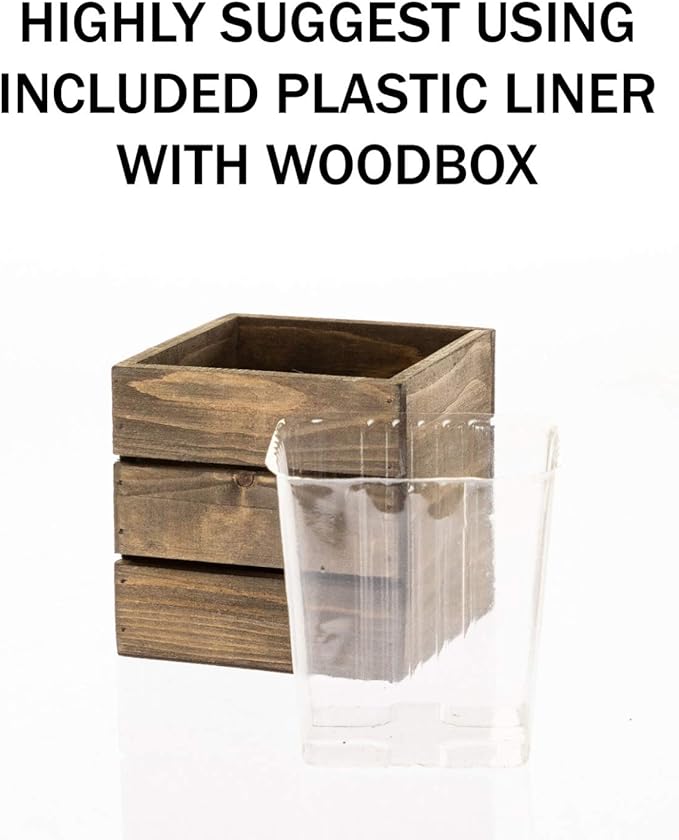Wood Planter Box with Wine Crate Styled, 5 Inch Square, Rustic Barn Wood, Plastic Liner, Wedding Flowers Holder, Home and Venue Decor, (5x5 Wine Crate Set of 4)