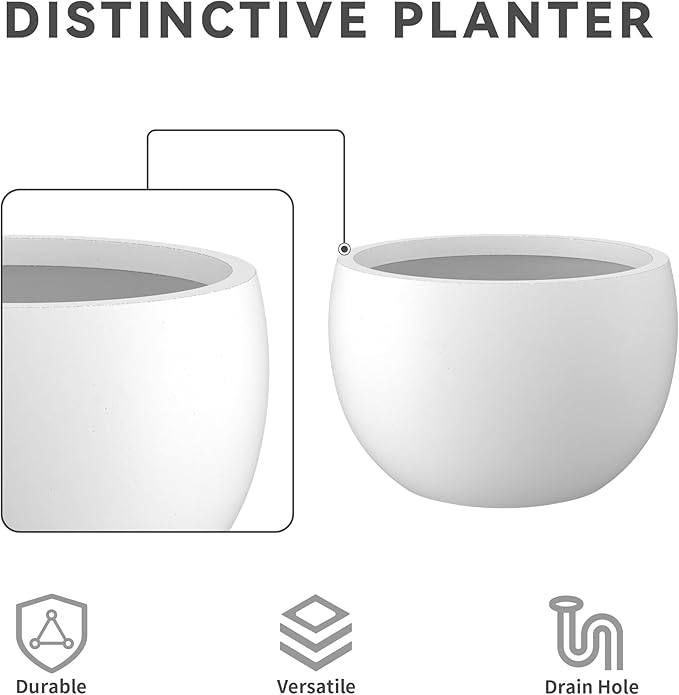 Kante 19.9",15.7",11.8" Dia Round Concrete Planter Set of 3, Outdoor/Indoor Large Bowl Plant Pots with Drainage Hole and Rubber Plug for Garden Patio Balcony Home, Pure White