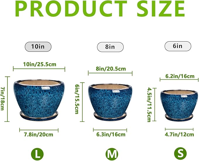 Ceramic Plant Pots Indoor, 10 Inch 8 Inch 6 Inch Round Planters Pots for Indoor Outdoor Plants, Modern Large Flower Pots with Drainage Holes and Saucers, Set of 3, Blue