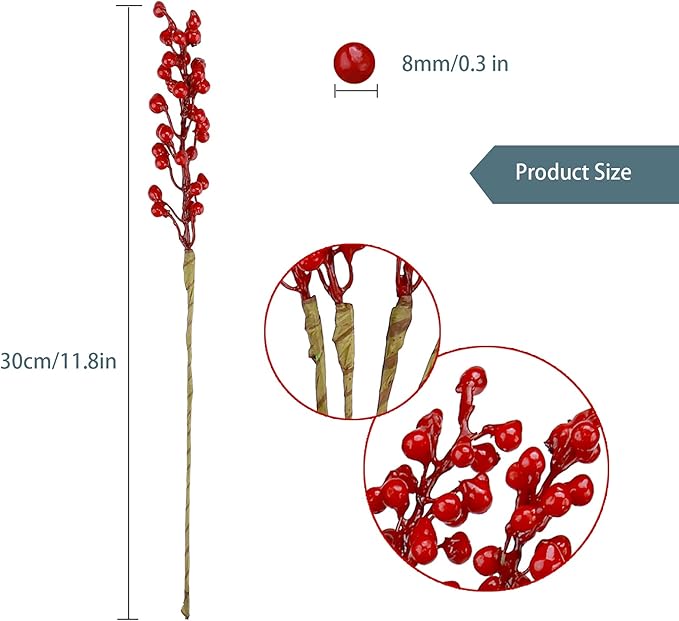 GREENTIME 16 Pack Artificial Red Berry Stems Holly for Christmas Tree Decorations for New Year's Eve Decor, Holiday and Home Crafts for Fall Thanksgiving Day