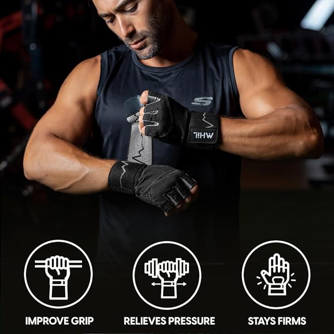 MhIL Workout Gloves for Men – Comfortable Gym Gloves for Men with Enhanced Grip for Safety and Hand Protection – Weight Lifting Protection with Wrist Wraps Support for Performance Boost and Style