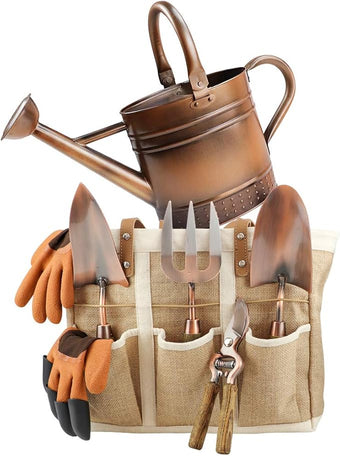 Megawodar 1 Gallon Galvanized Steel Watering Can with 3 Pcs of Garden Tools, 1 Pc of Pruning Shear, 1 Pair of Gardening Gloves，1 Pc of Garden Tools Organizer Tote
