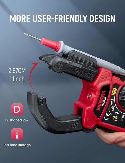KAIWEETS Digital Clamp Meter Multimeter with D-Shaped Jaw for AC/DC Current & Voltage, Auto-ranging 4000 Counts Voltage Tester with Flashlight Backlight, Measuring Temperature Continuity Diode NCV