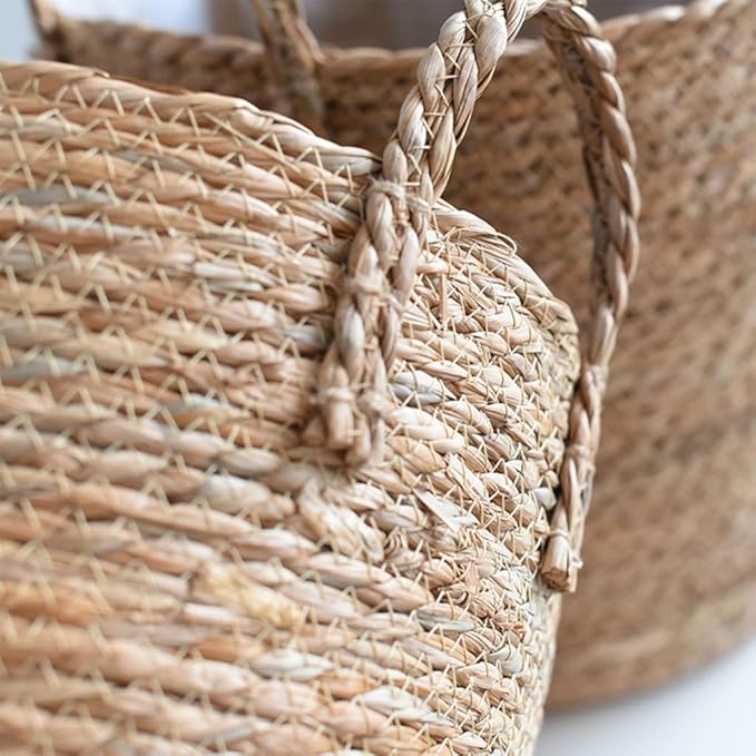 Rattan Planter Basket, Straw Weaving Woven Straw Flower Pot, Wicker Rattan Vase Sundries Organizers Storage Bins, Hand Woven Basket Planter with Plastics Liners and Handle for Indoor Outdoor (Small)