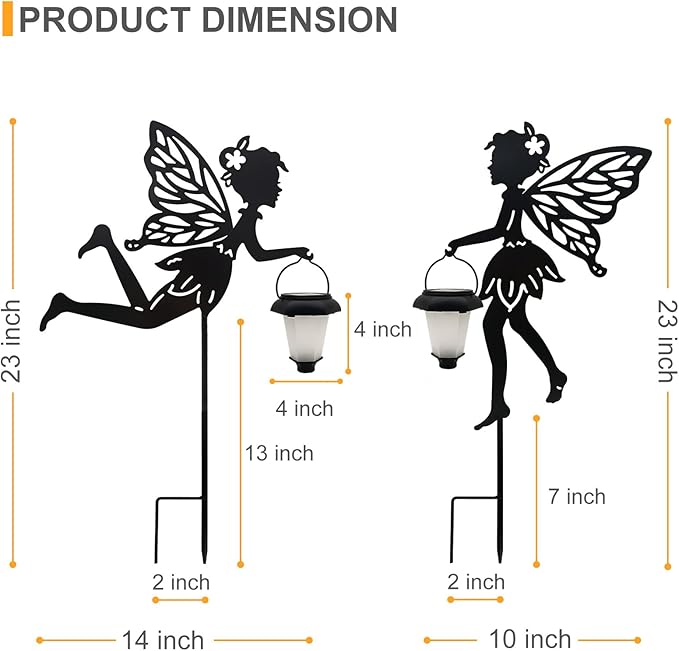 Solar Fairy Garden Stake Decorative Lantern, 2 Pack Metal Fairy Angel Garden Silhouette Lights for Lawn, Pathway, Patio, Yard Outdoor Decor