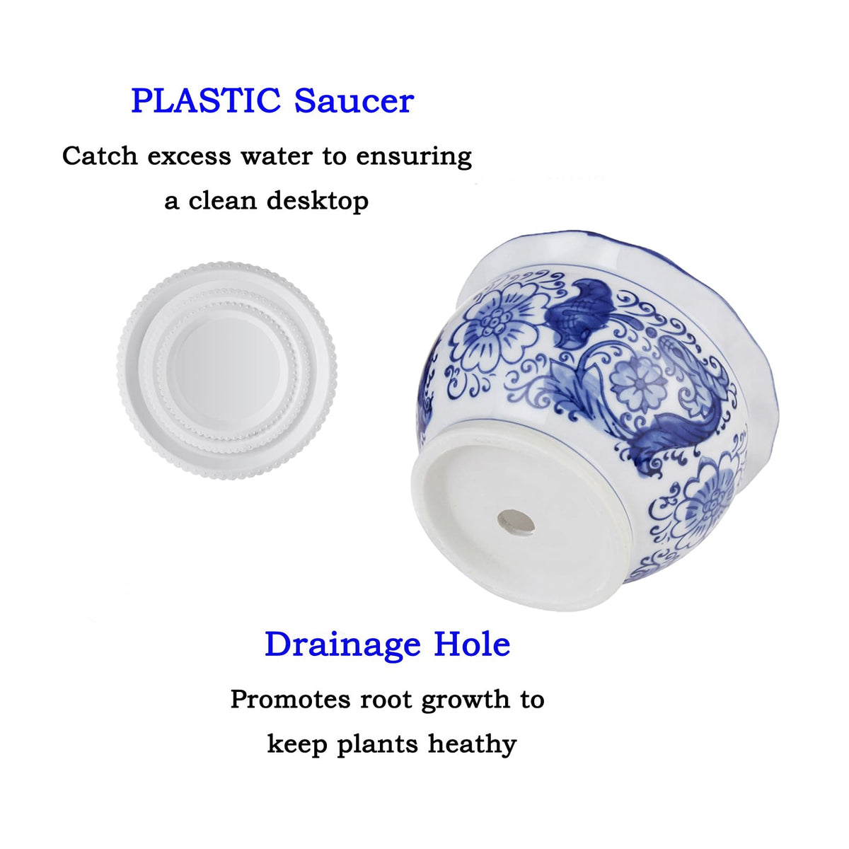Blue and White Planters, Ceramic Plant Pots Indoor with Drainage, Set of 3