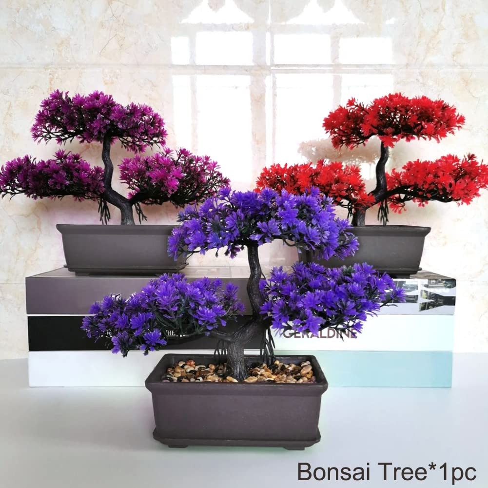 Meluvora 8.66" Artificial Bonsai Tree with Textured Trunk, Broad Canopy and Pebble Base for Bathroom Desk Shelf, Japanese and Zen Decor(Rose Red)