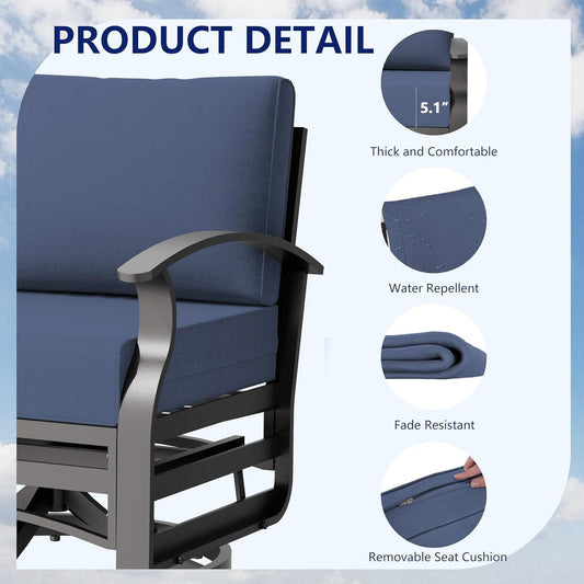 RTDTD 2 Piece Aluminum Swivel Rocking Chair Set, Outdoor Patio Swivel Gliders Chair with 5.1" Thick Seat Cushions, Conversation Furniture Set Suitable for Patio, Lawn, Outdoor, Back Garden(Dark Blue)