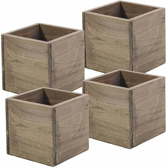 Wood Planter Box, 5 Inch Square, Rustic Barn Wood, Plastic Liner, Garden Centerpiece Display, Wedding Flowers Holder, Home and Venue Decor, (Set of 4)