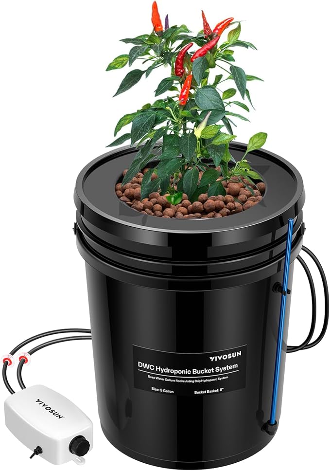 VIVOSUN DWC Hydroponics Grow System with Top Drip Kit, 5-Gallon Deep Water Culture, Recirculating Drip Garden System with Multi-Purpose Air Hose, Air Pump, and Air Stone (1 Bucket + Top Drip Kit)