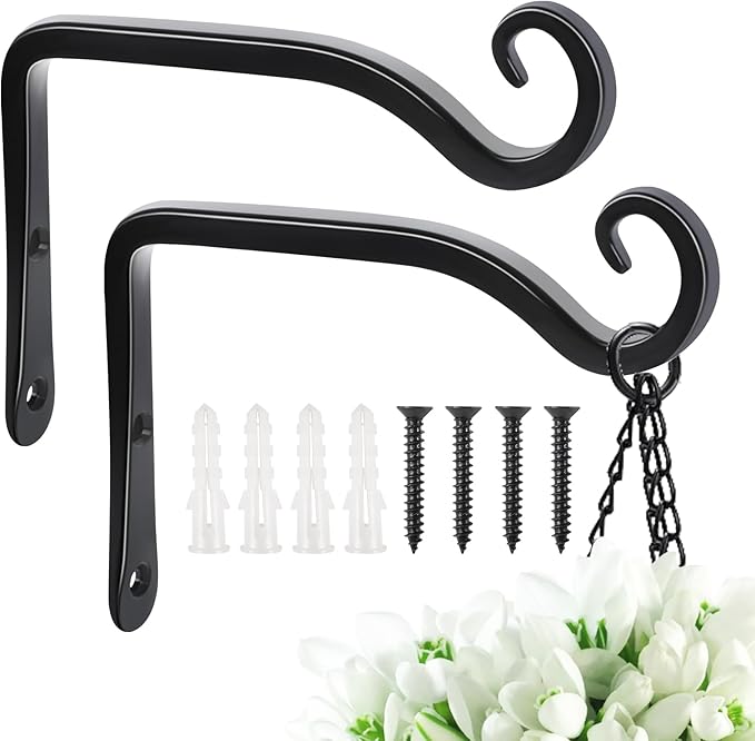 FEED GARDEN Hanging Plant Bracket 2 Pack 6 Inch Hand-Forged Plant Hangers for Outdoor with Screws