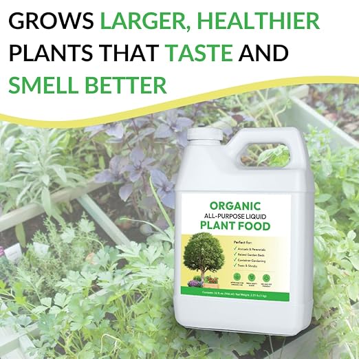 Organic All-Purpose Liquid Plant Food - Use on All Outdoor Plants: Flower Beds, Vegetable Gardens, Container Gardening | Concentrated Liquid Fertilizer Alternative (1 Gallon, Mixes to 128 Gallons)