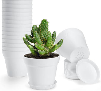 FHWTY 16 Pack Plastic Plant Pots with Drainage Holes and Tray, 4 inch Thickened Indoor Planters Seedlings Nursery Pots for Flowers, African Violet, Succulent and All House Plants, White