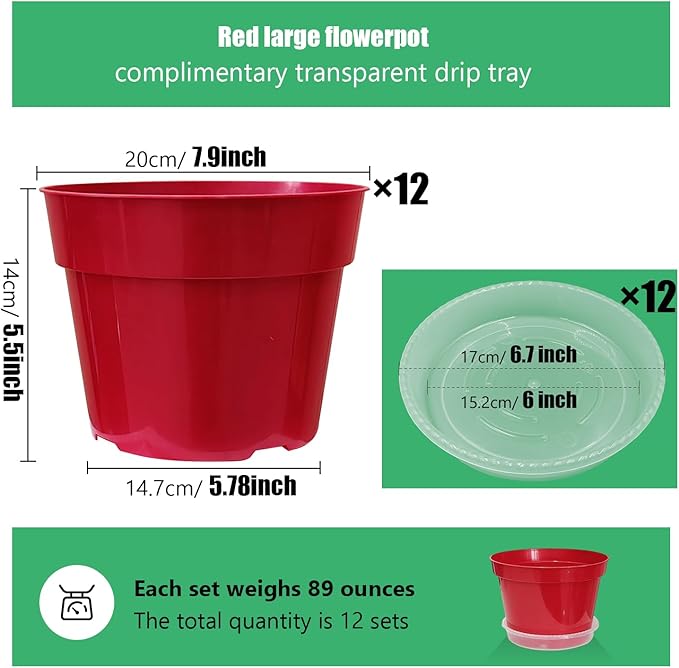 8 inch Plastic Flower Pots, Red Plant Pots 12Pack with Saucers for Indoor House Plants Growing and Decoration