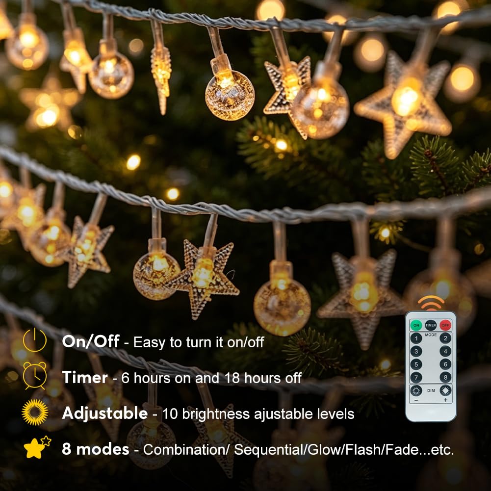 50 Star & 50 Globe String Lights with Remote for Indoor Bedroom Warm White