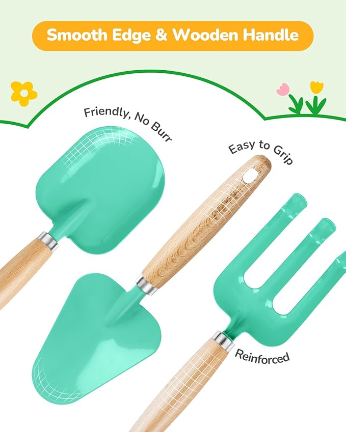 Grenebo Kids Gardening Set Toys,Includes Metal Trowel,Transplanting Shovel,Garden hat,Rake,Apron,Gloves,Watering Can,and Tool Organizer Bag (Lake Green)