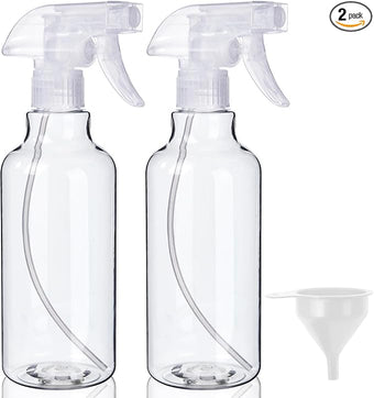 Plastic Spray Bottles (2-Pack, 16.9 Oz) Heavy Duty Spraying, Mist & Stream, Empty Water Sprayer Bottle for Cleaning Solutions, Essential Oils, Hair, Plants, BBQ, Dog Cat Behavior Correction (Clear)