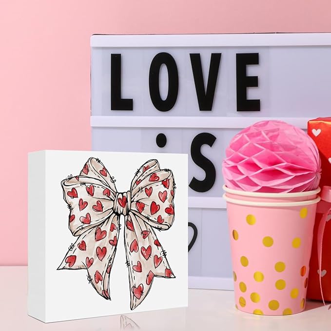 Valentines Day Decorations, Valentines Day Gifts for Her Him, Gift for Boyfriend Girlfriend, Romantic Coquette Heart Bow Anniversary Wooden Box Sign Husband Wife Home Office Bedroom Desk Decor