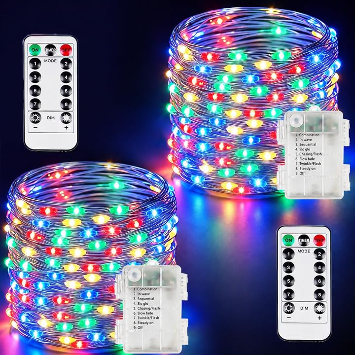 2 Pack 200 LED Fairy Lights Battery Operated with Remote, 66 FT Multicolor
