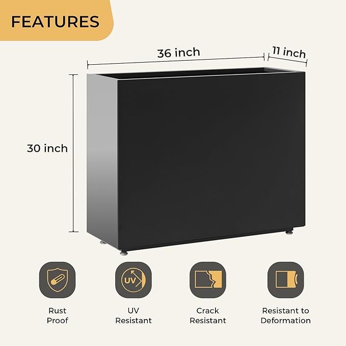 Tall & Long Metal Planter with Middle Shelf, 36W x 11D x 30H Large Rectangular Outdoor Planter Box, Span Divider for Garden, Patio, Yard | Easy 5-Min Assembly, Drainage Holes, Adjustable Feet, Black