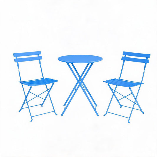 IDEALHOUSE 3-Piece Outdoor Patio Bistro Set – Foldable Metal Table and 2 Chairs, Weather-Resistant, Space-Saving Garden Furniture for Balcony, Deck, Yard, Modern Small Space Conversation Set, Blue