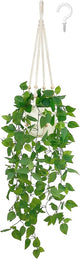 Mkono Fake Hanging Plant with Pot, Artificial Plants for Home Decor Indoor Macrame Plant Hanger with Fake Vines Greenery for Bedroom Bathroom Kitchen Office Decor, Ivory (Pothos)